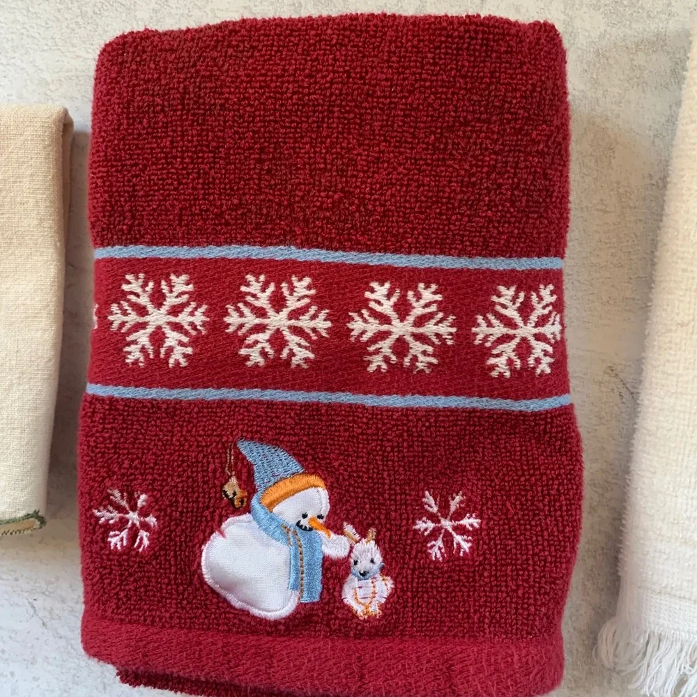 Vintage 1980s Christmas Towels Set‎ Embroidered Snowman Bells Holly USA Made